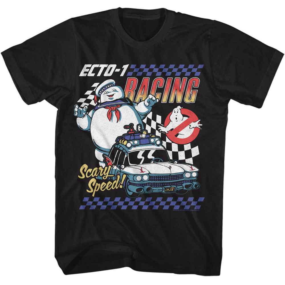 Black The Real Ghostbusters t-shirt featuring a The Real Ghostbusters Rgb Ecto 1 Racing design