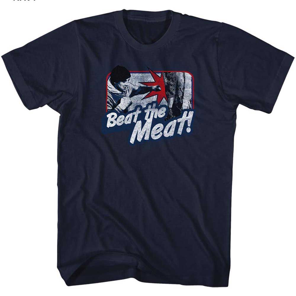 Navy Rocky t-shirt featuring a Rocky Beat the Meat design
