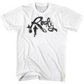 White Rocky t-shirt featuring a Rocky Rocky Cursive design