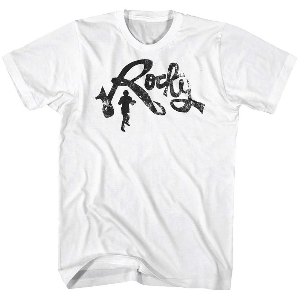 White Rocky t-shirt featuring a Rocky Rocky Cursive design