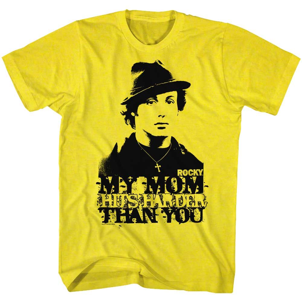 Yellow Rocky t-shirt featuring a Rocky My Mom Hits Harder design