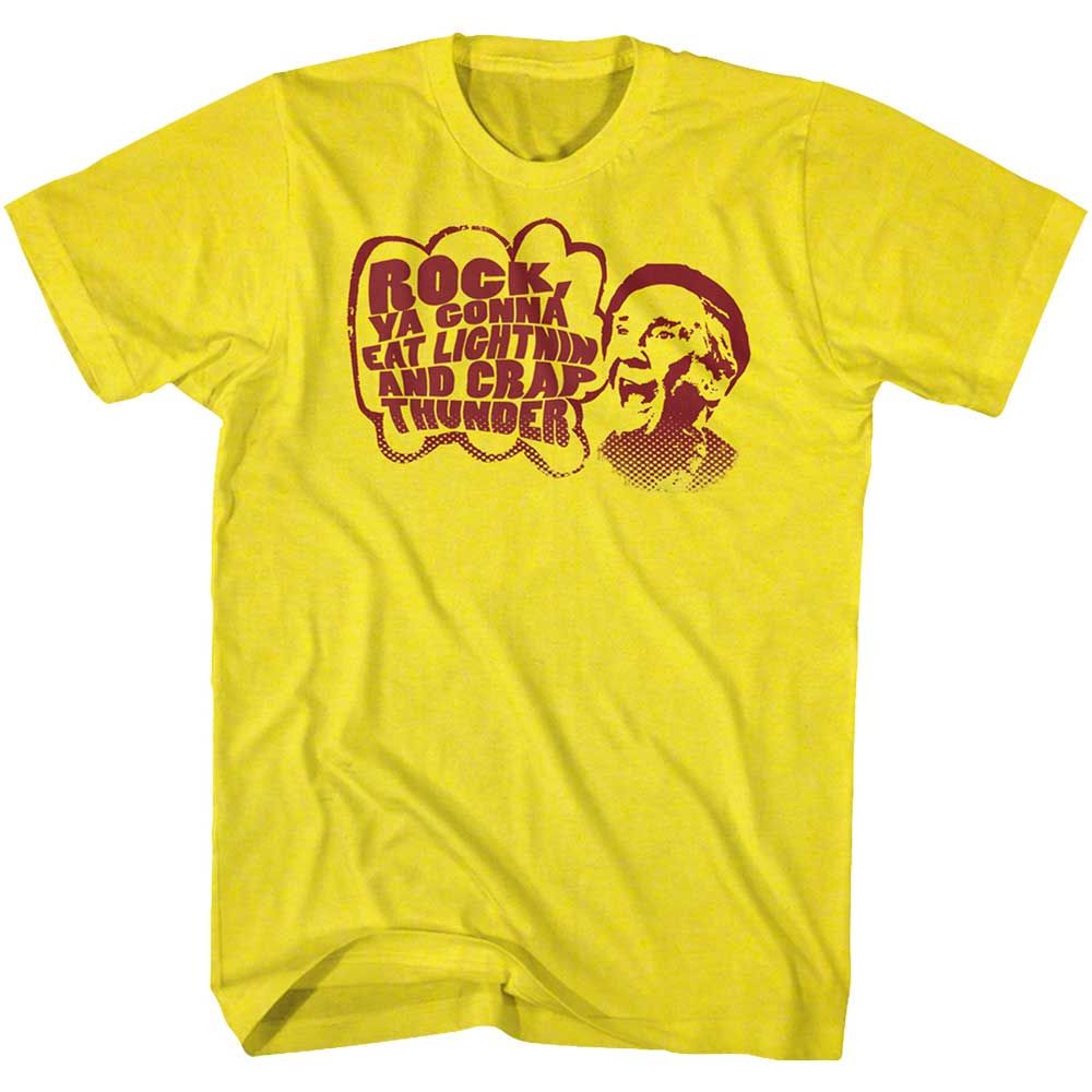 Yellow Rocky t-shirt featuring a Rocky Eat Lightning design