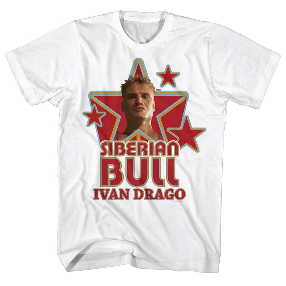 White Rocky t-shirt featuring a Rocky Siberian Bull design
