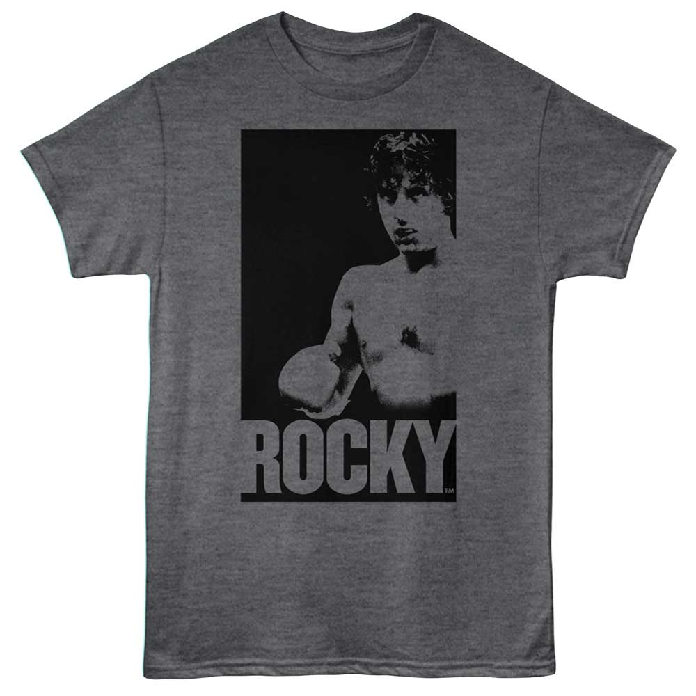 Heather Charcoal Rocky t-shirt featuring a Rocky Rocky in a Box design