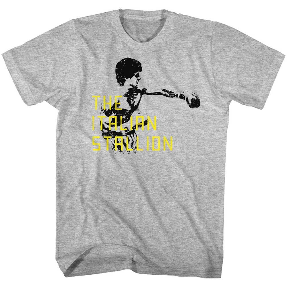 Gray Heather Rocky t-shirt featuring a Rocky The Staillion Block Text design