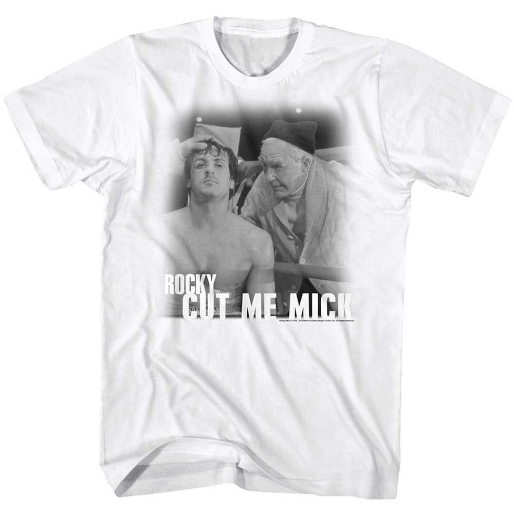 White Rocky t-shirt featuring a Rocky Rock and Mick design
