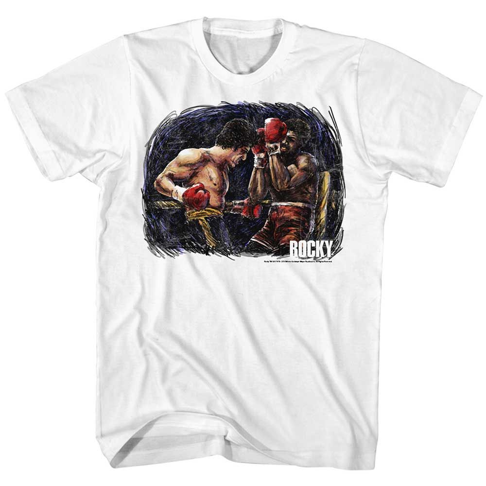 White Rocky t-shirt featuring a Rocky Rocky vs. Apollo Painting design