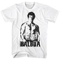 White Rocky t-shirt featuring a Rocky Towering Over design