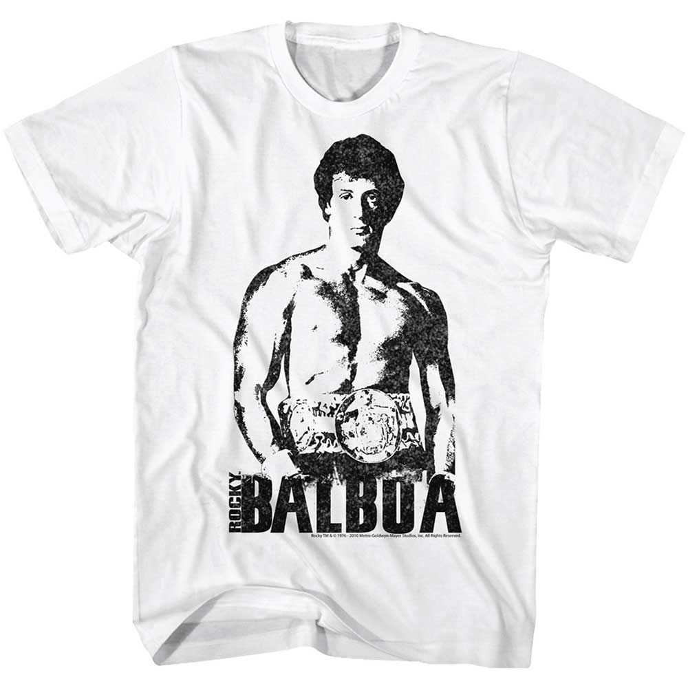 White Rocky t-shirt featuring a Rocky Towering Over design