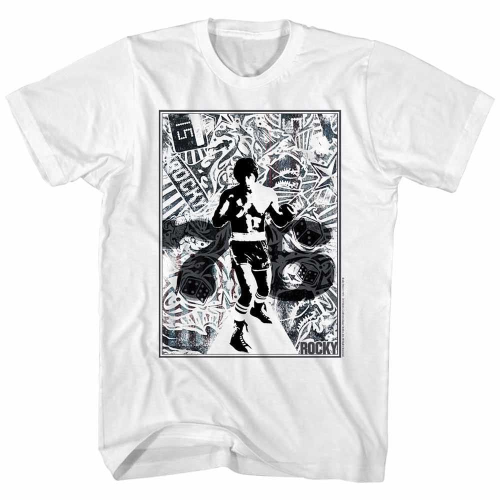 White Rocky t-shirt featuring a Rocky 76 Collage design