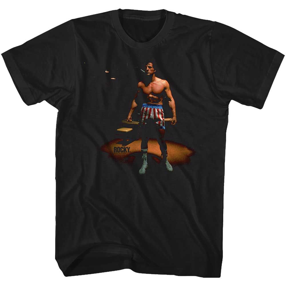 Black Rocky t-shirt featuring a Rocky Spotlight Rocky design