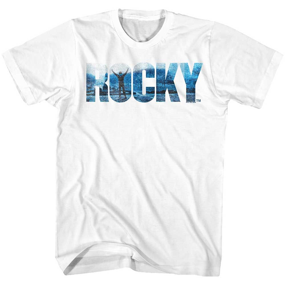 White Rocky t-shirt featuring a Rocky Rocky Blue design
