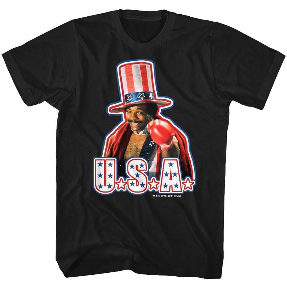 Black Rocky t-shirt featuring a Rocky Usa design