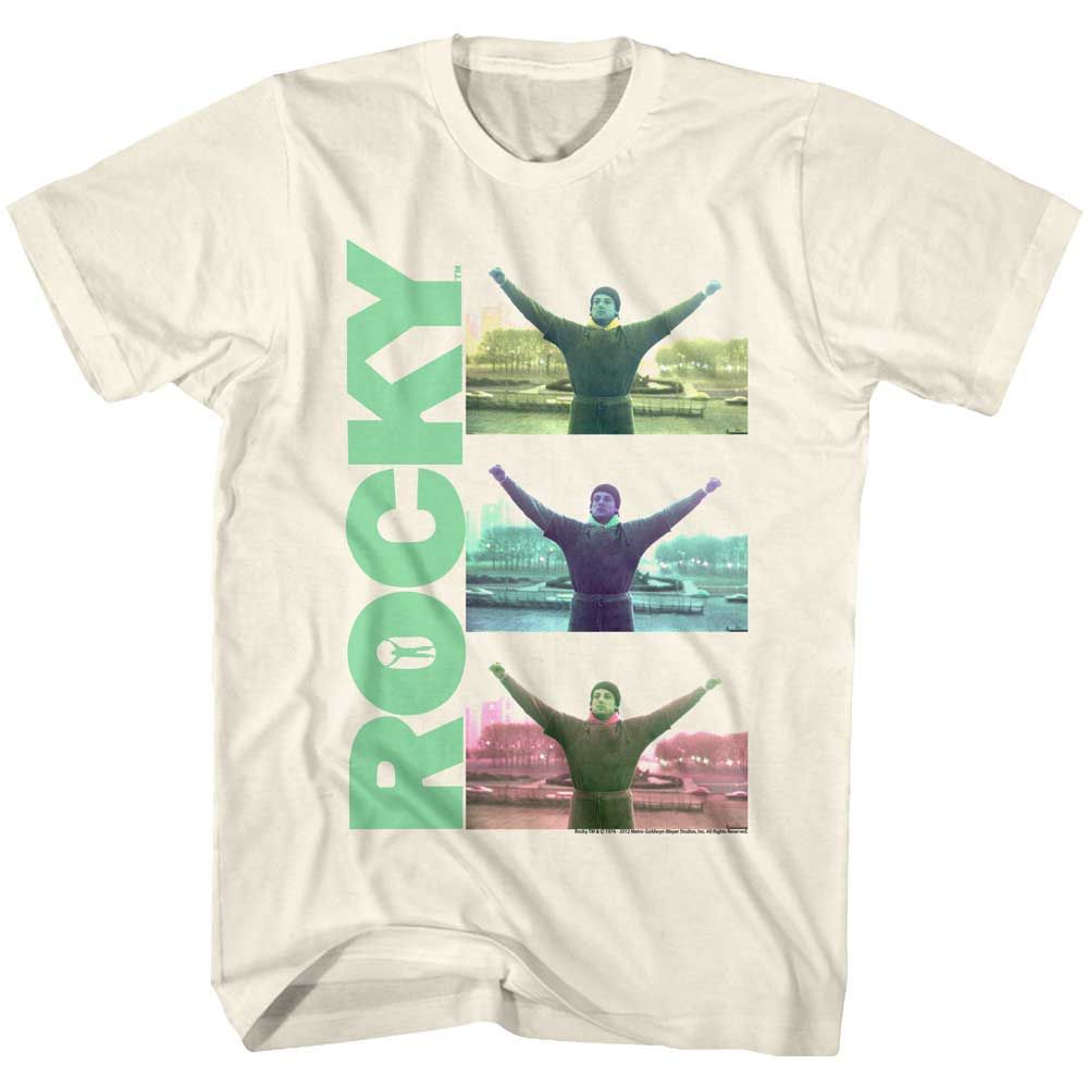 Natural Rocky t-shirt featuring a Rocky Triple Victory design