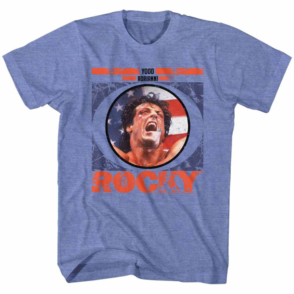 Light Blue Heather Rocky t-shirt featuring a Rocky Blueberry Stroke design