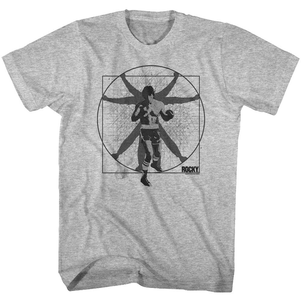 Gray Heather Rocky t-shirt featuring a Rocky Vitruvian Rocky design