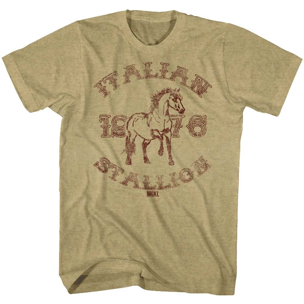 Khaki Heather Rocky t-shirt featuring a Rocky 1967 Stallion design