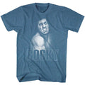 Indigo Heather Rocky t-shirt featuring a Rocky Rocky Smash design