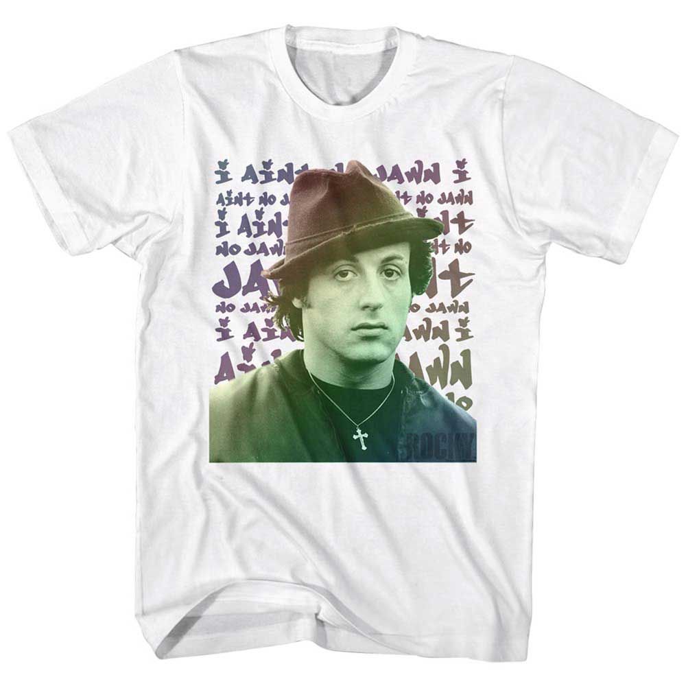 White Rocky t-shirt featuring a Rocky Jawn design