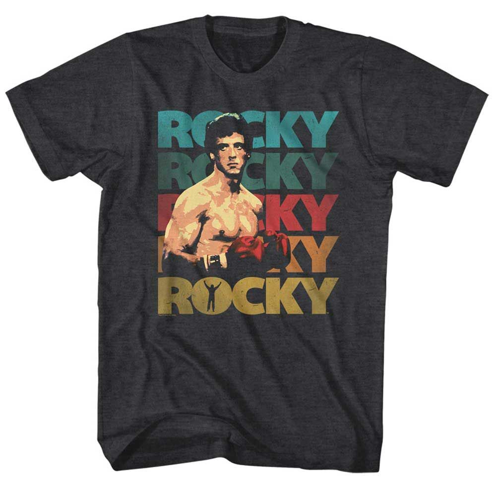 Black Heather Rocky t-shirt featuring a Rocky 70s Color design