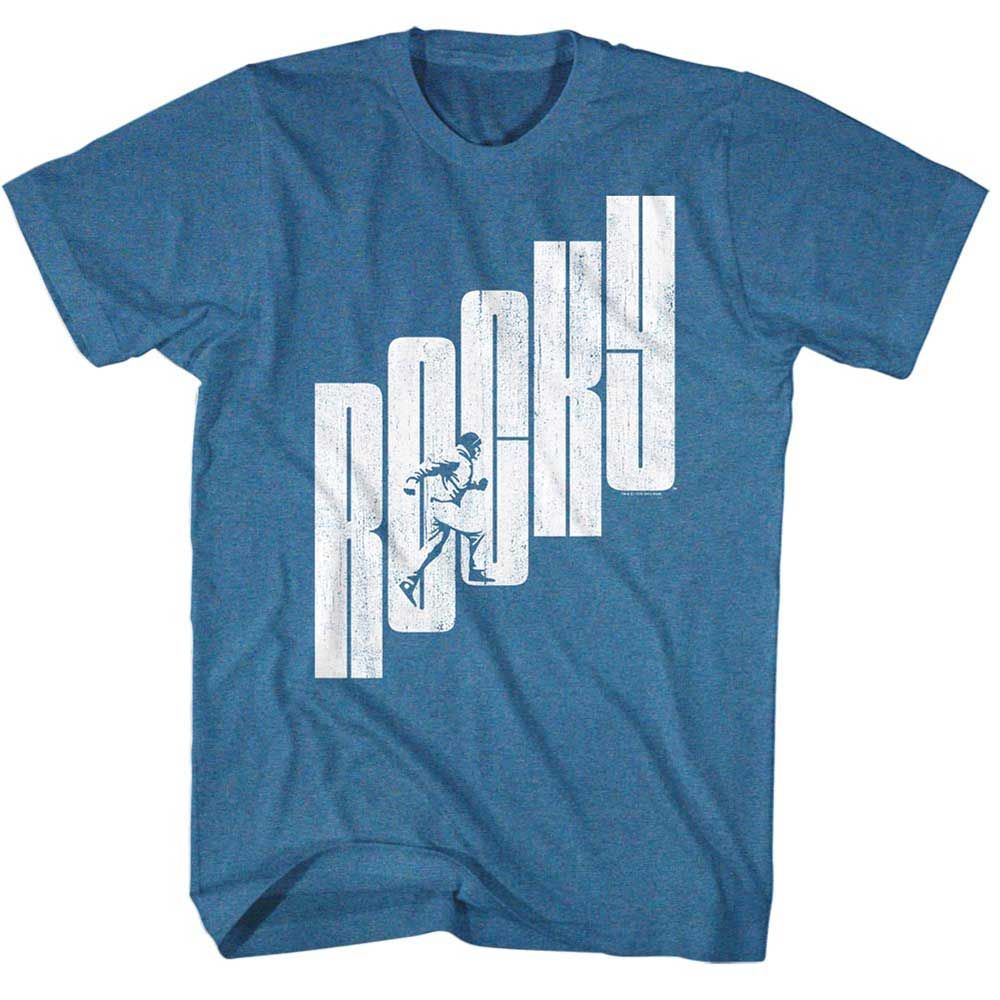 Indigo Heather Rocky t-shirt featuring a Rocky Letter Step Straight design