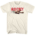 White Rocky t-shirt featuring a Rocky Downbut Never Out design
