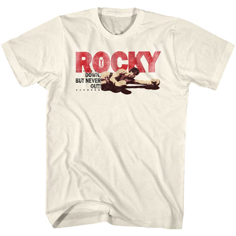 White Rocky t-shirt featuring a Rocky Downbut Never Out design
