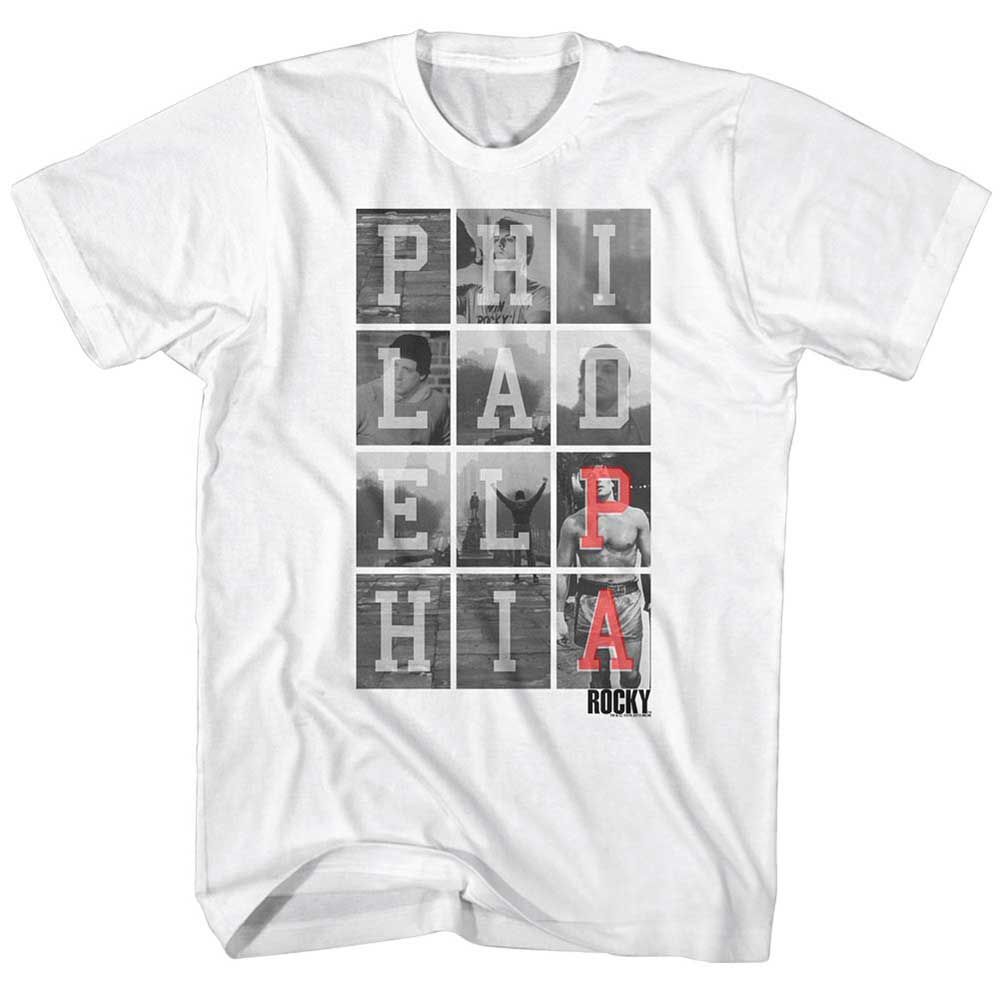 White Rocky t-shirt featuring a Rocky Philly Cheese Steak design
