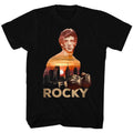 Black Rocky t-shirt featuring a Rocky Sunset Over Philly design