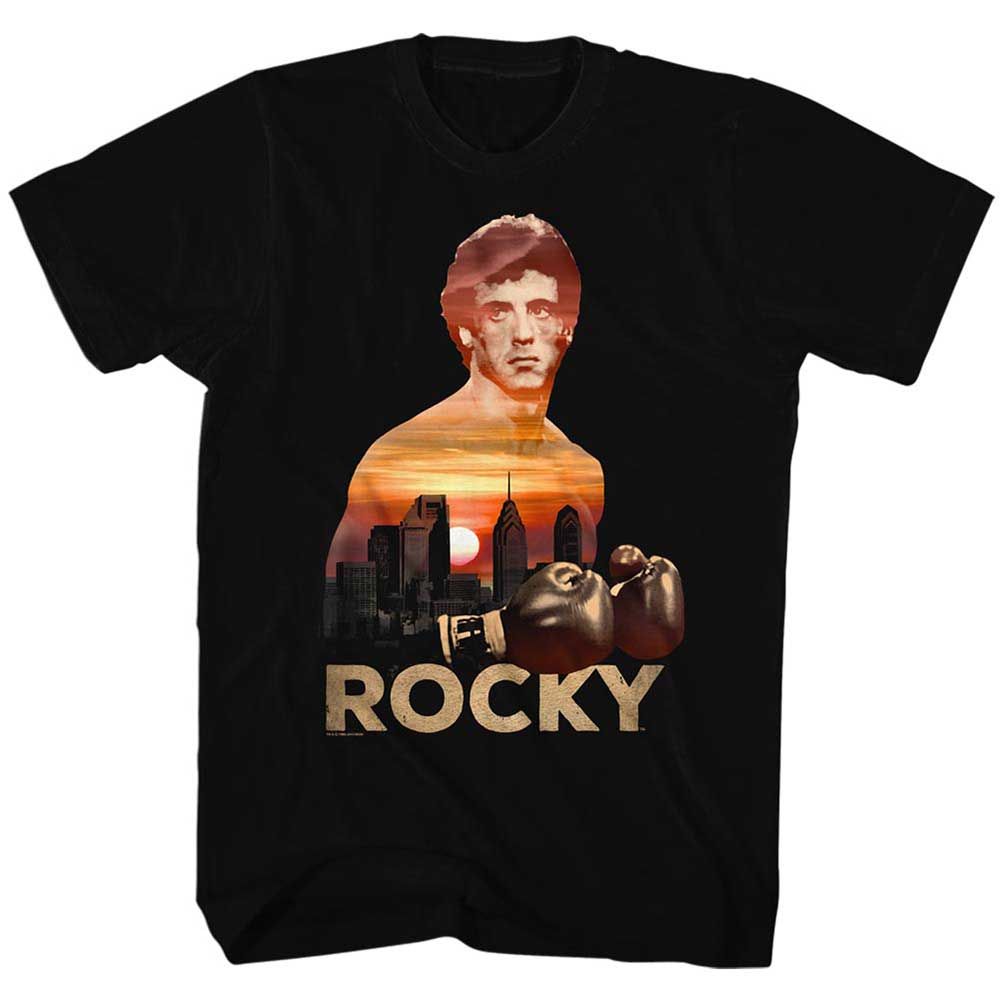 Black Rocky t-shirt featuring a Rocky Sunset Over Philly design