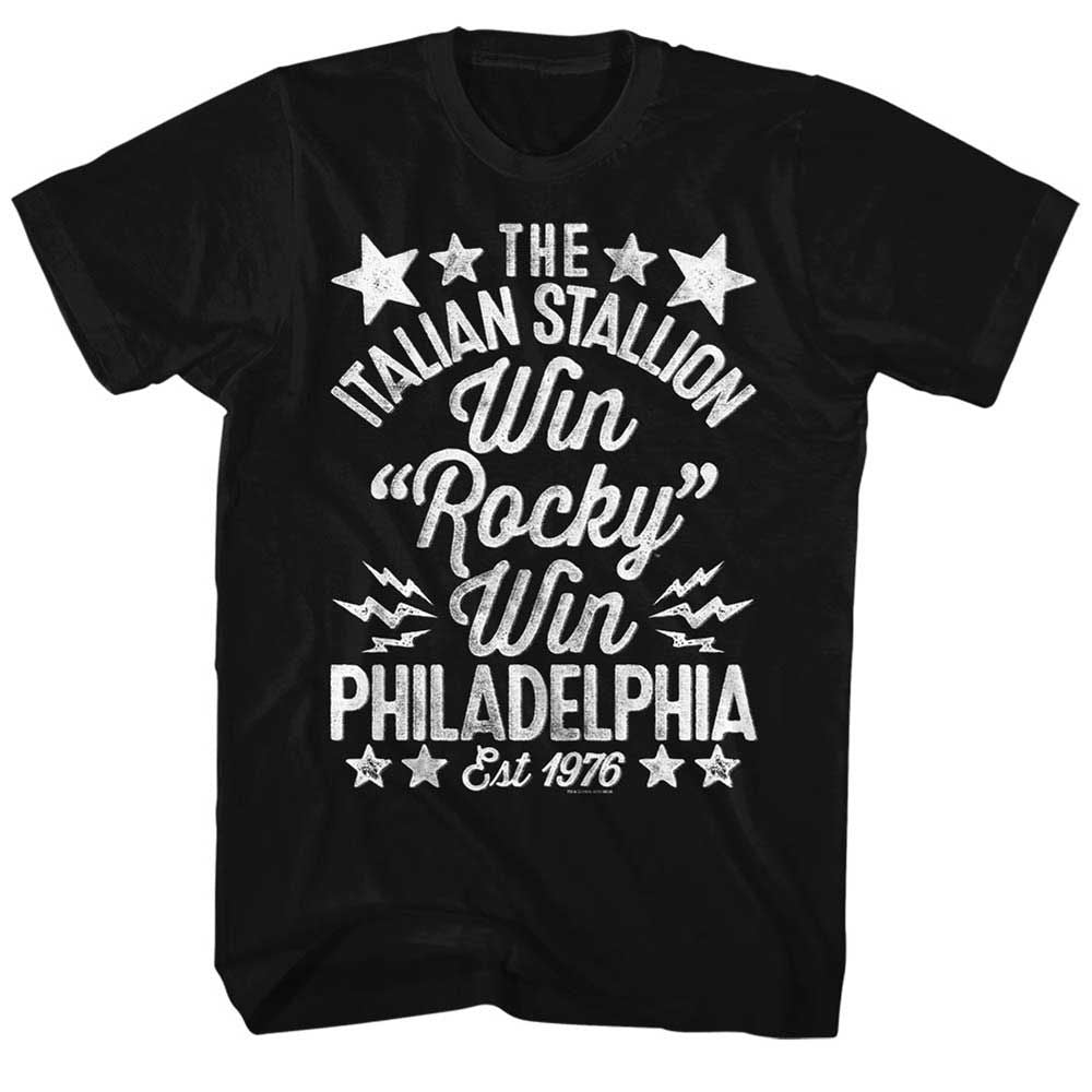 Black Rocky t-shirt featuring a Rocky Win Handmade design