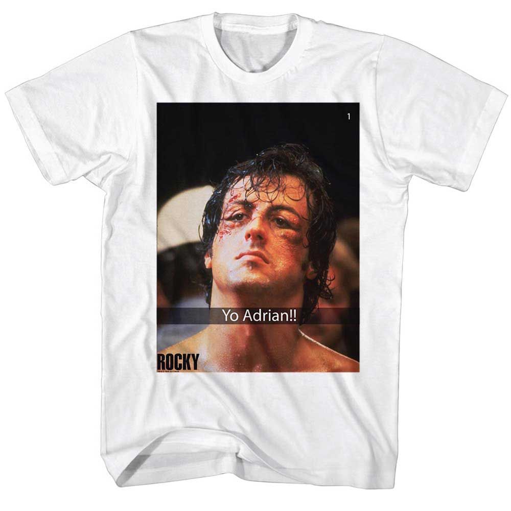 White Rocky t-shirt featuring a Yo Adrian Snap design