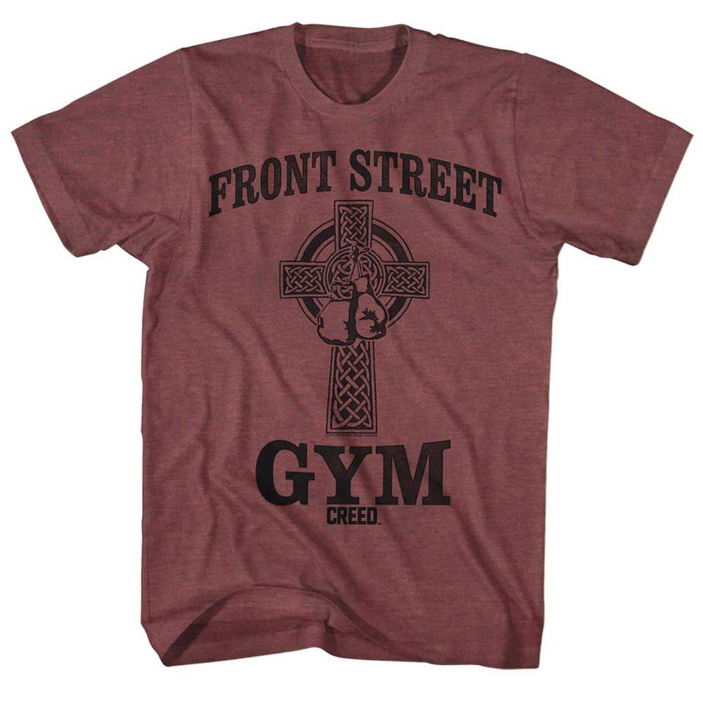 Vintage Maroon Heather Rocky t-shirt featuring a Front Street Gym design