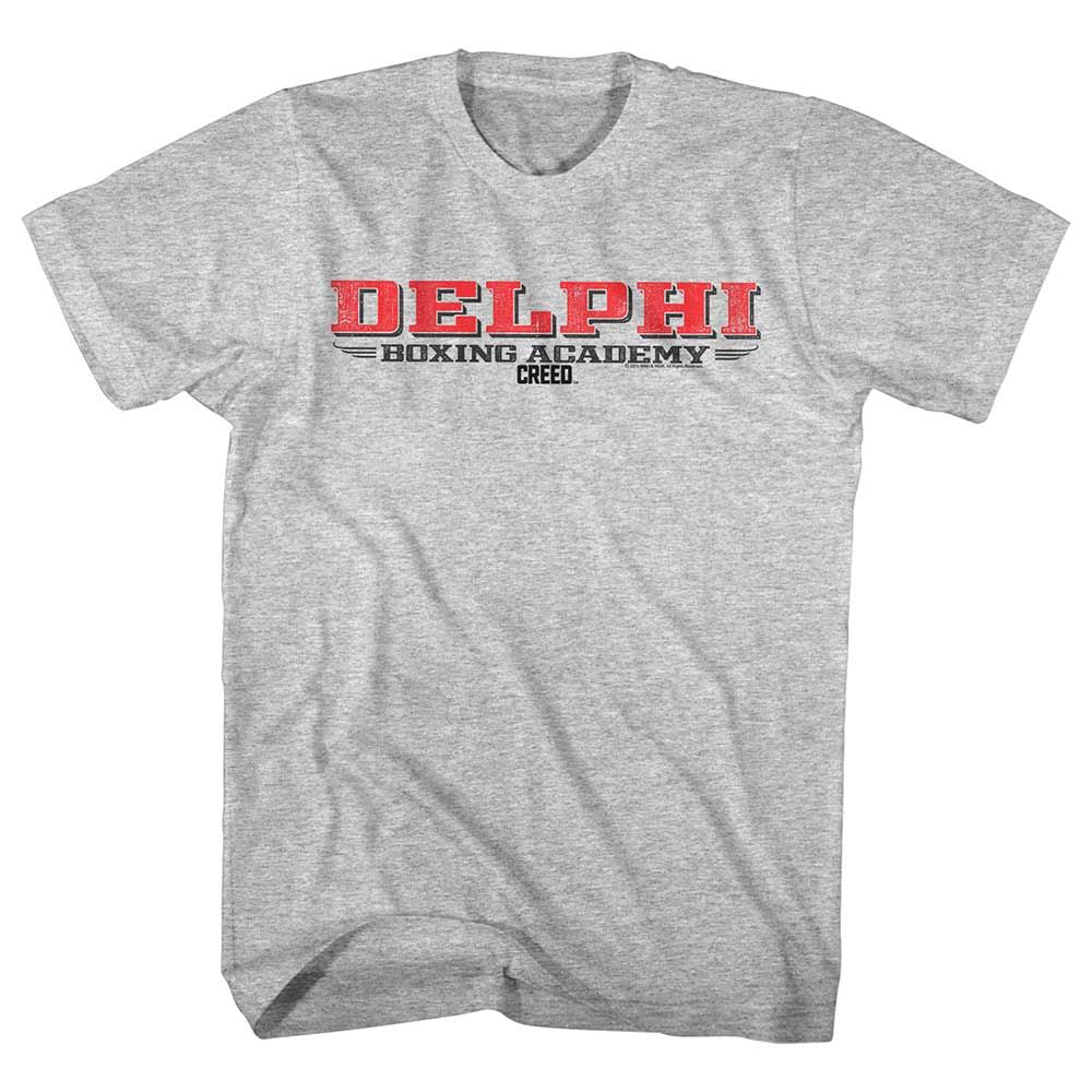 Gray Heather Rocky t-shirt featuring a Delphi Boxing Academy design