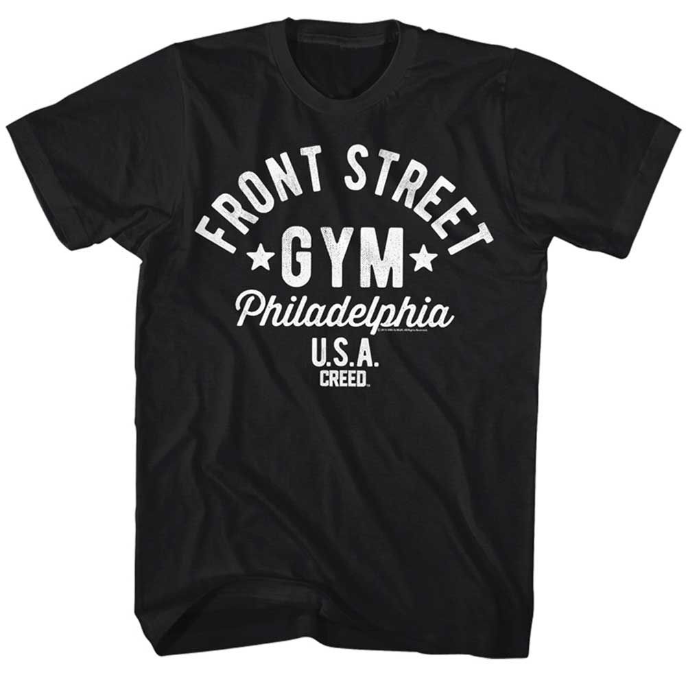 Black Rocky t-shirt featuring a Rocky Front Street design