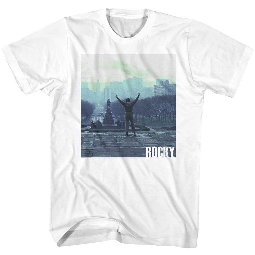 White Rocky t-shirt featuring a Rocky Rocky Live design