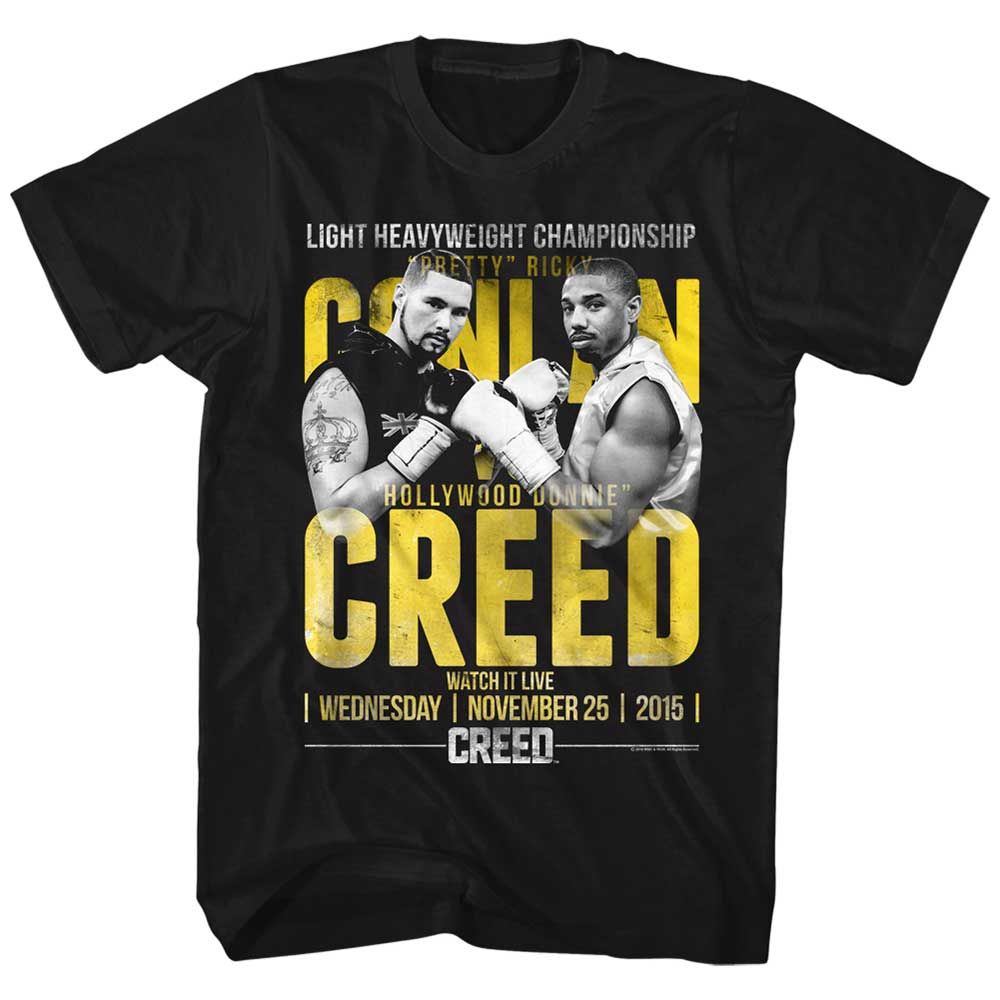 Black Rocky t-shirt featuring a Conlan vs Creed design