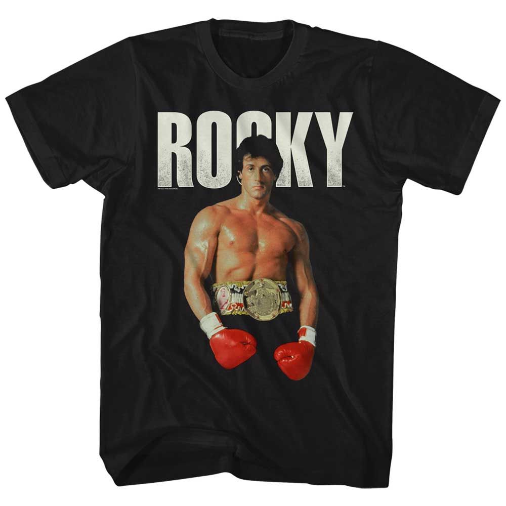 Black Rocky t-shirt featuring a Rocky Stand design