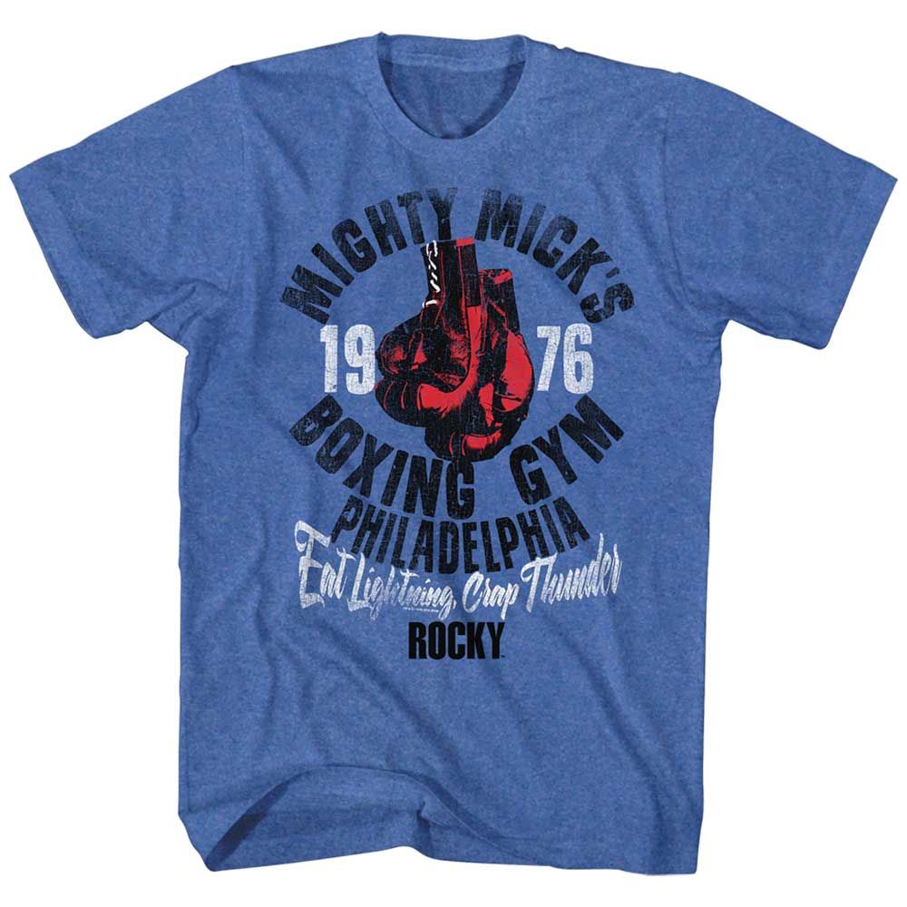 Royal Heather Rocky t-shirt featuring a Mighty Mick's Gym design