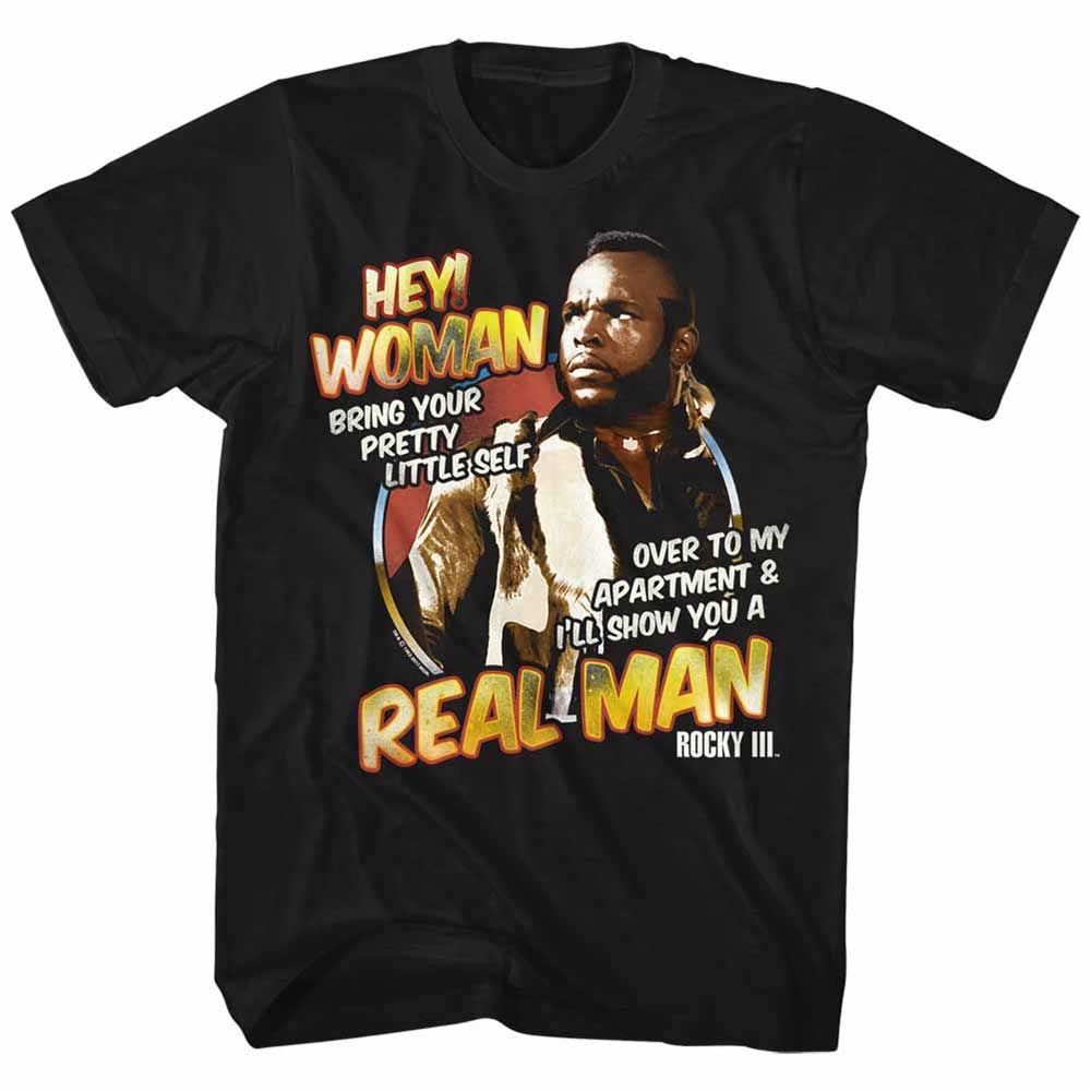 Black Rocky t-shirt featuring a Rocky Hey Woman design