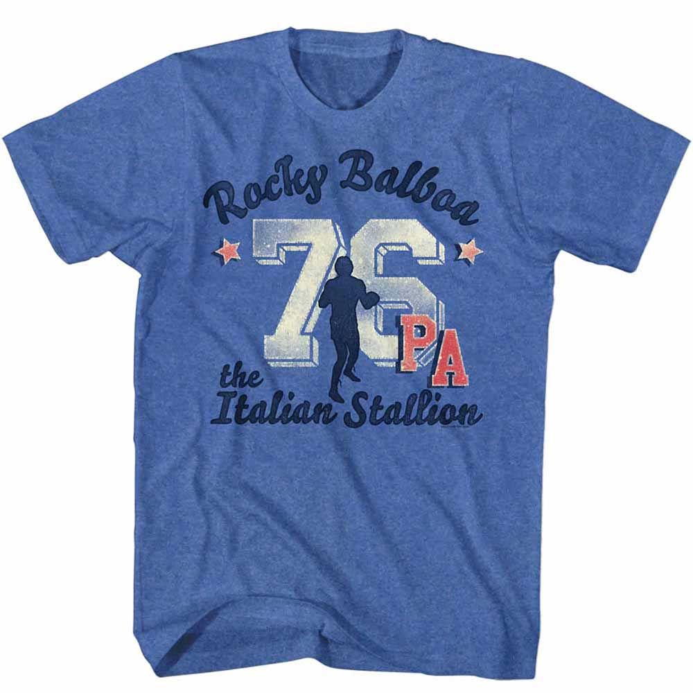 Royal Heather Rocky t-shirt featuring a Rocky Ath 76 Take 2 design