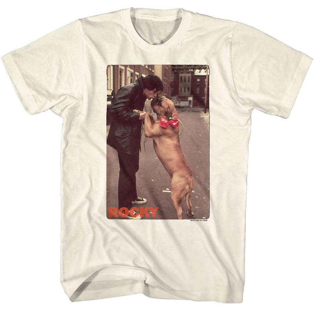 Natural Rocky t-shirt featuring a Rocky Kissy Dog design