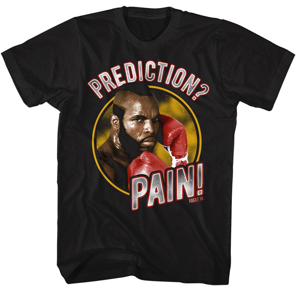 Black Rocky t-shirt featuring a Rocky Pain Prediction design