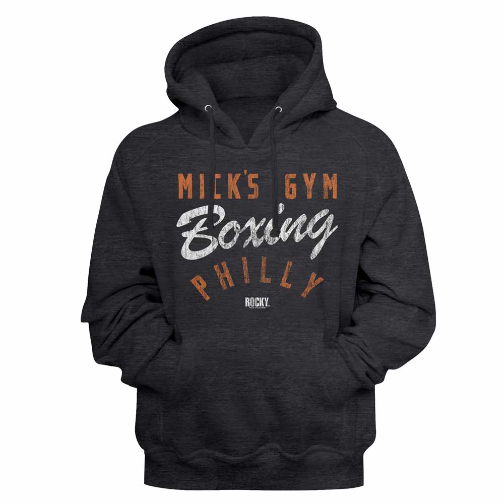 Charcoal heather Rocky pullover hoodie featuring a Mick's Gym Boxing Philly design