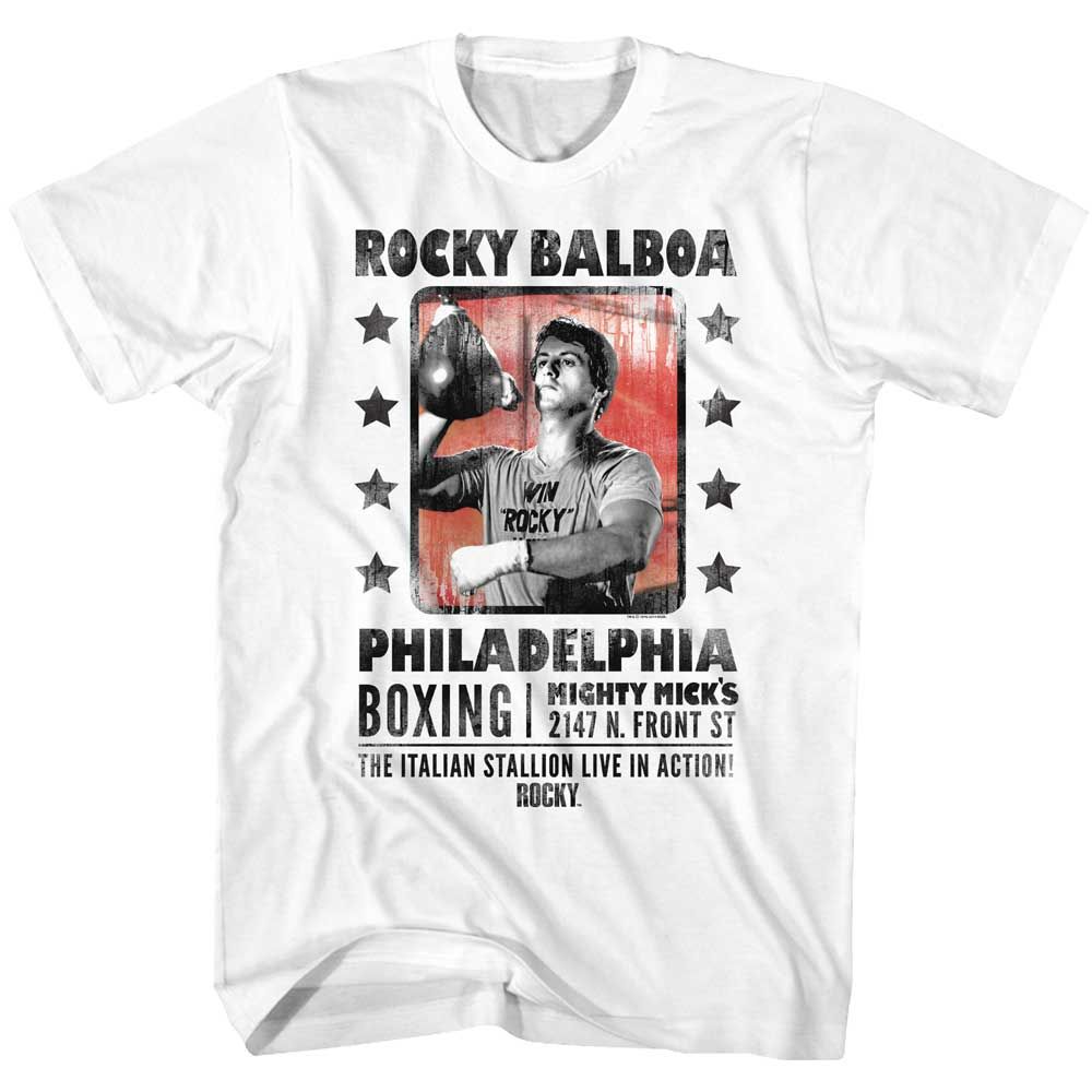 White Rocky t-shirt featuring a Rocky Posterish design