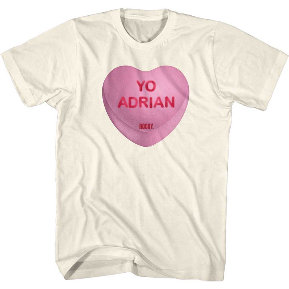 Natural Rocky t-shirt featuring a Yo Adrian Candy Heart design