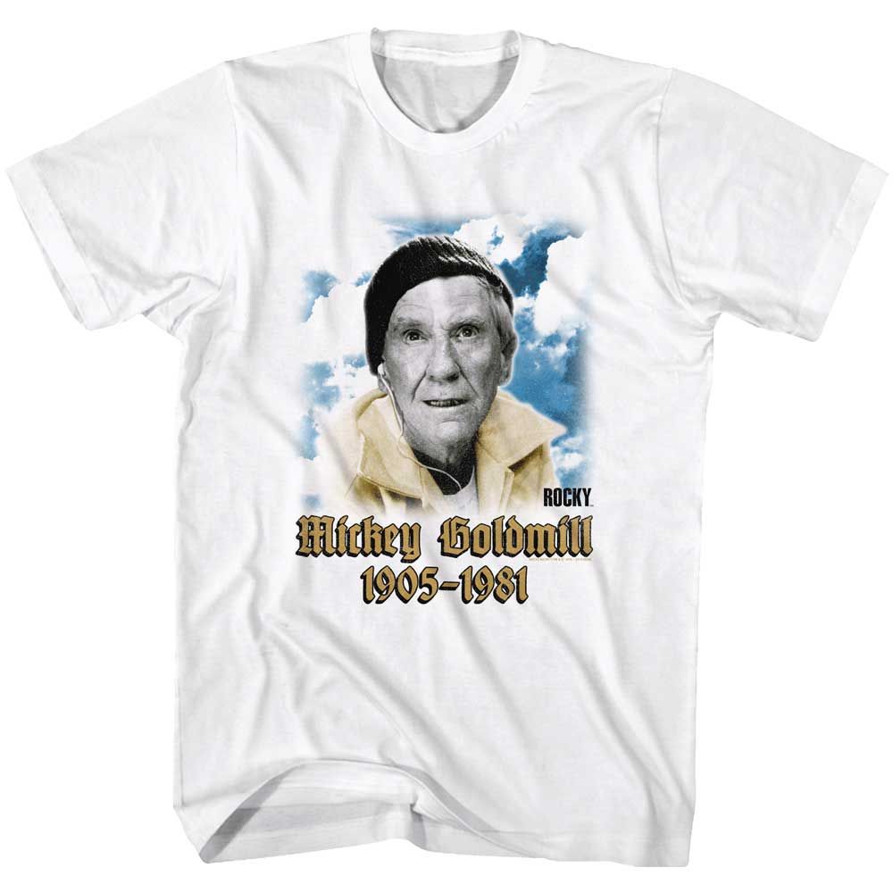 White Rocky t-shirt featuring a Mick Memorial design