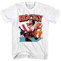 White Rocky t-shirt featuring a Rocky Now Hes Got a Flag design
