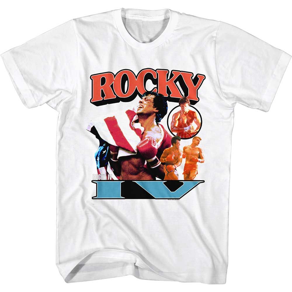 White Rocky t-shirt featuring a Rocky Now Hes Got a Flag design