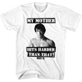 White Rocky t-shirt featuring a Rocky Hits Harder Than That design
